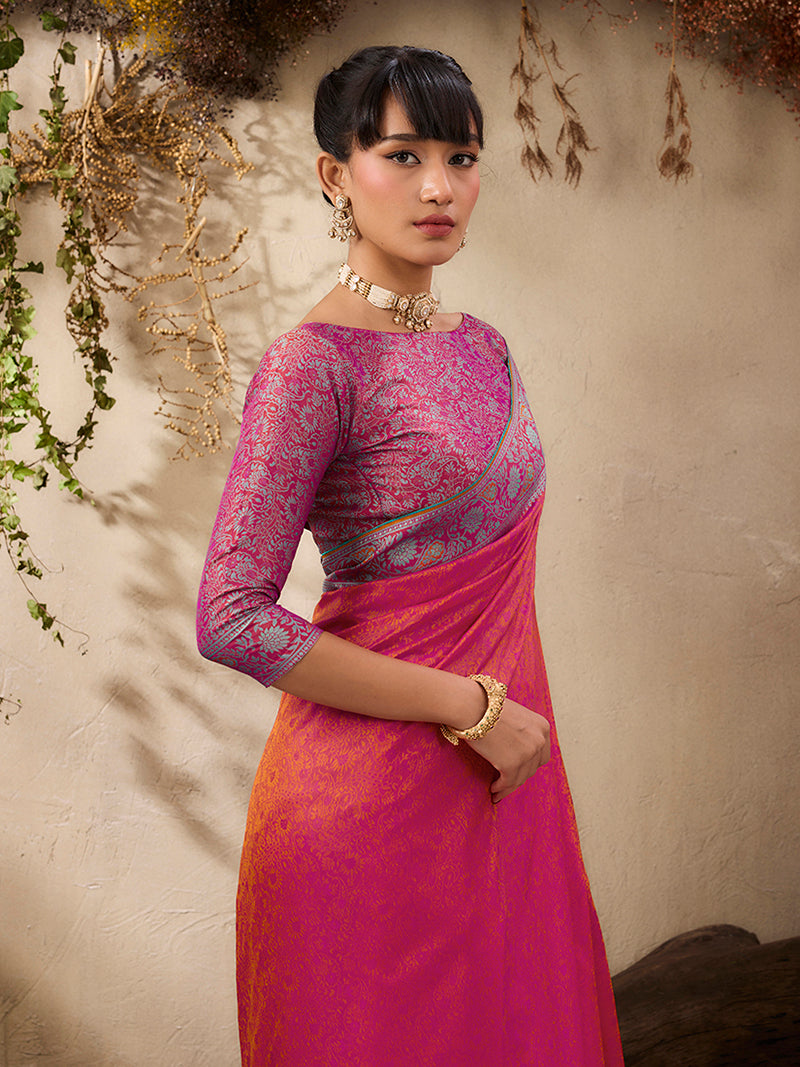Salmon woven Kanjivaram Silk Blend Saree - Monjolika Fashion