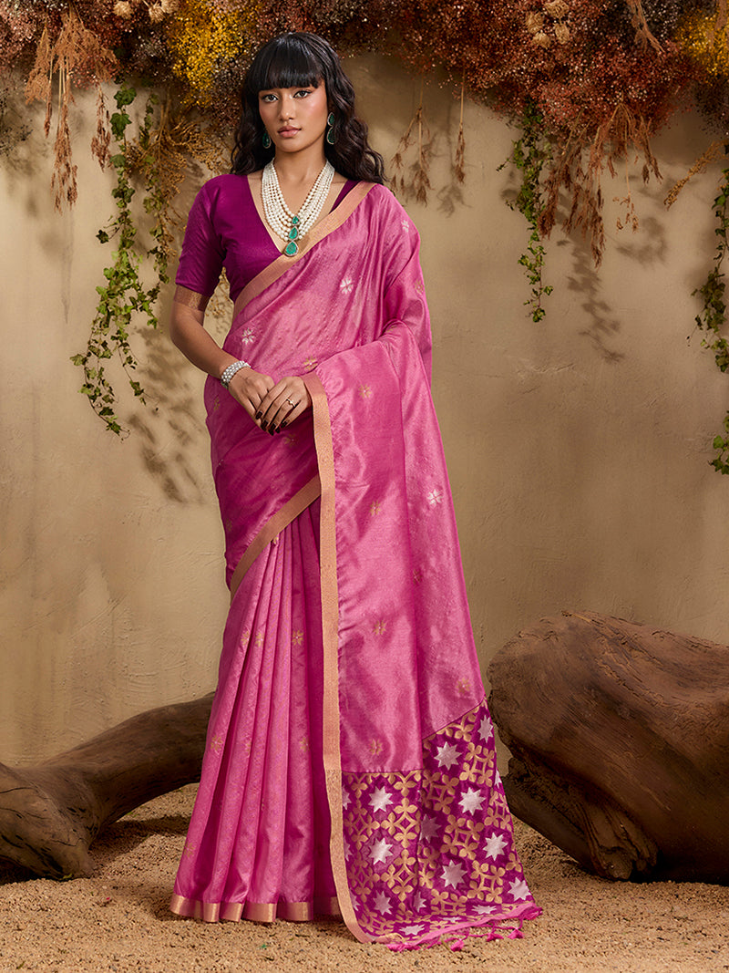 Tussar Silk Blend woven Work Saree in Pink - Monjolika Fashion