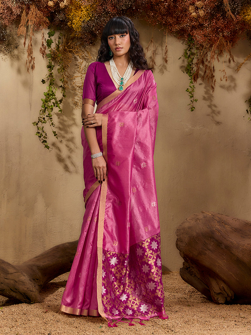 Tussar Silk Blend woven Work Saree in Pink - Monjolika Fashion