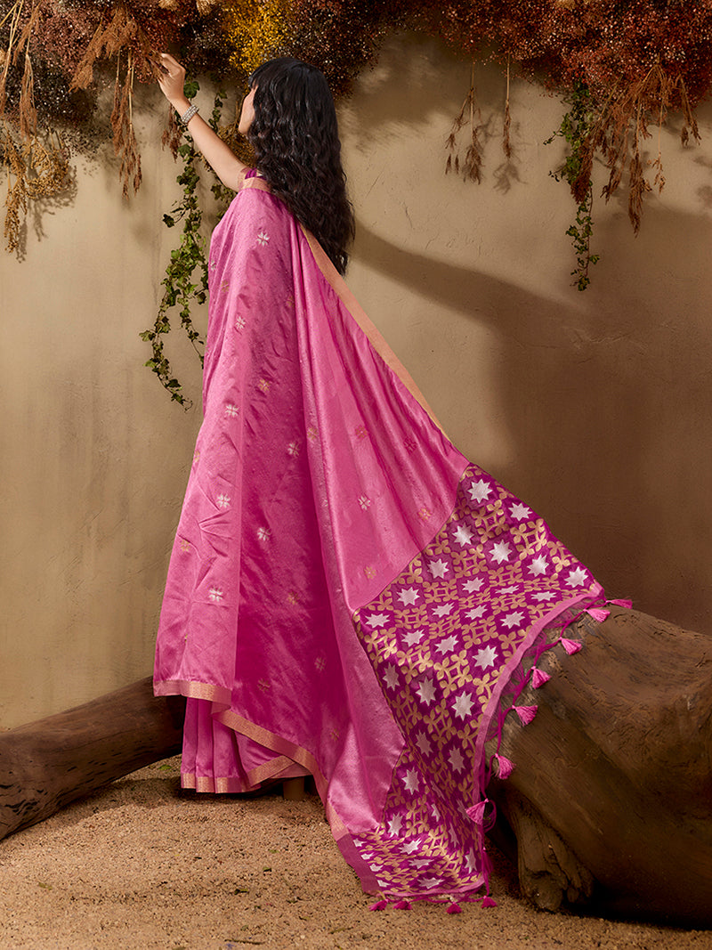 Tussar Silk Blend woven Work Saree in Pink - Monjolika Fashion
