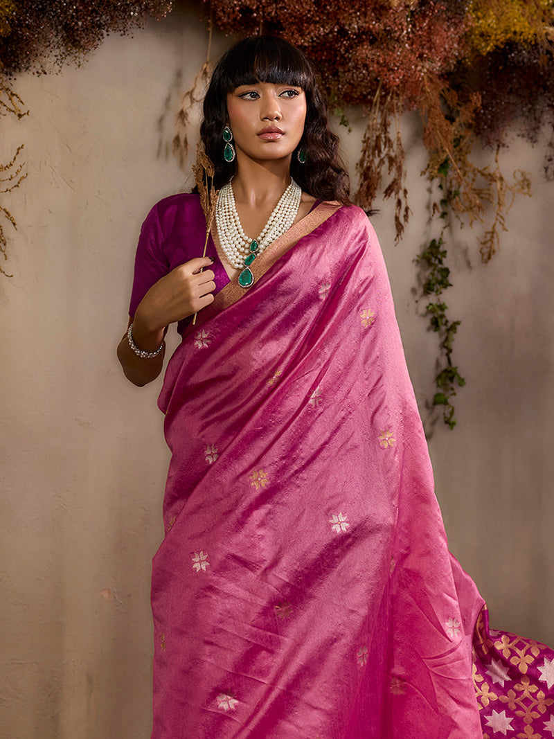Tussar Silk Blend woven Work Saree in Pink - Monjolika Fashion