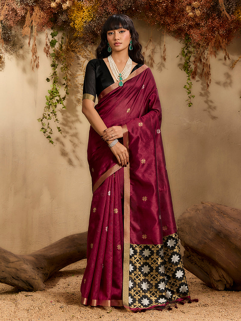 Tussar Silk Blend woven Work Saree in Maroon - Monjolika Fashion