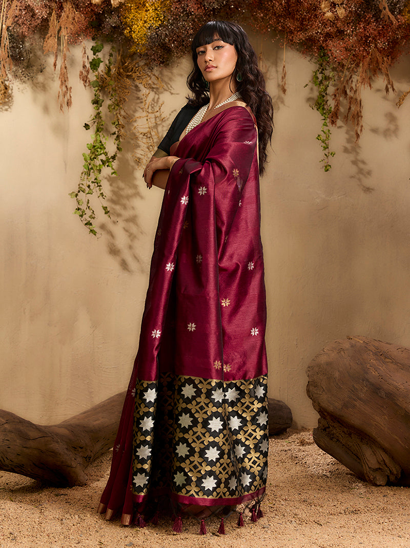 Tussar Silk Blend woven Work Saree in Maroon - Monjolika Fashion