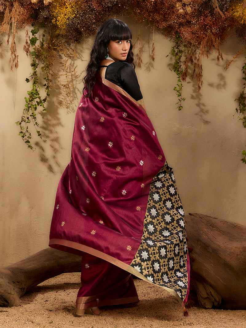 Tussar Silk Blend woven Work Saree in Maroon - Monjolika Fashion