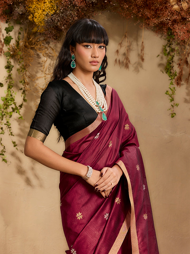 Tussar Silk Blend woven Work Saree in Maroon - Monjolika Fashion
