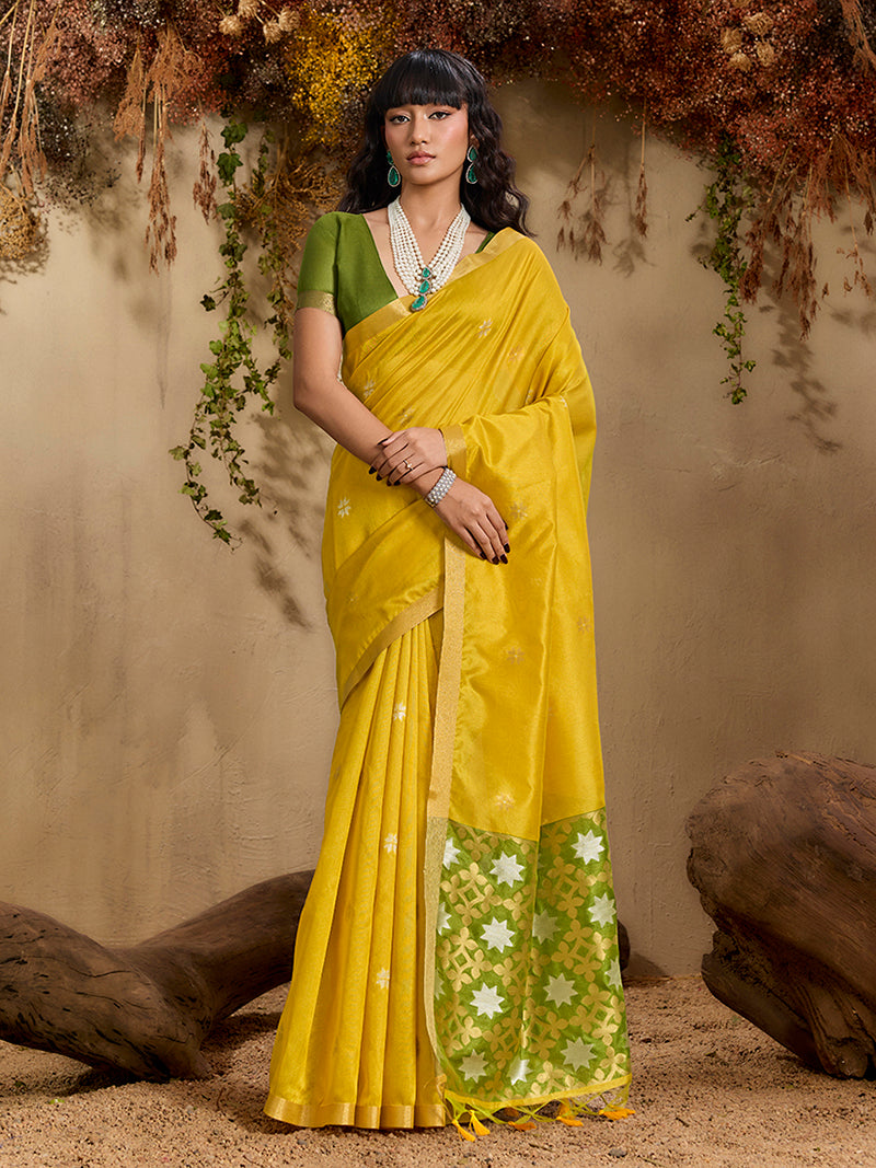 Tussar Silk Blend woven Work Saree in Mustard - Monjolika Fashion