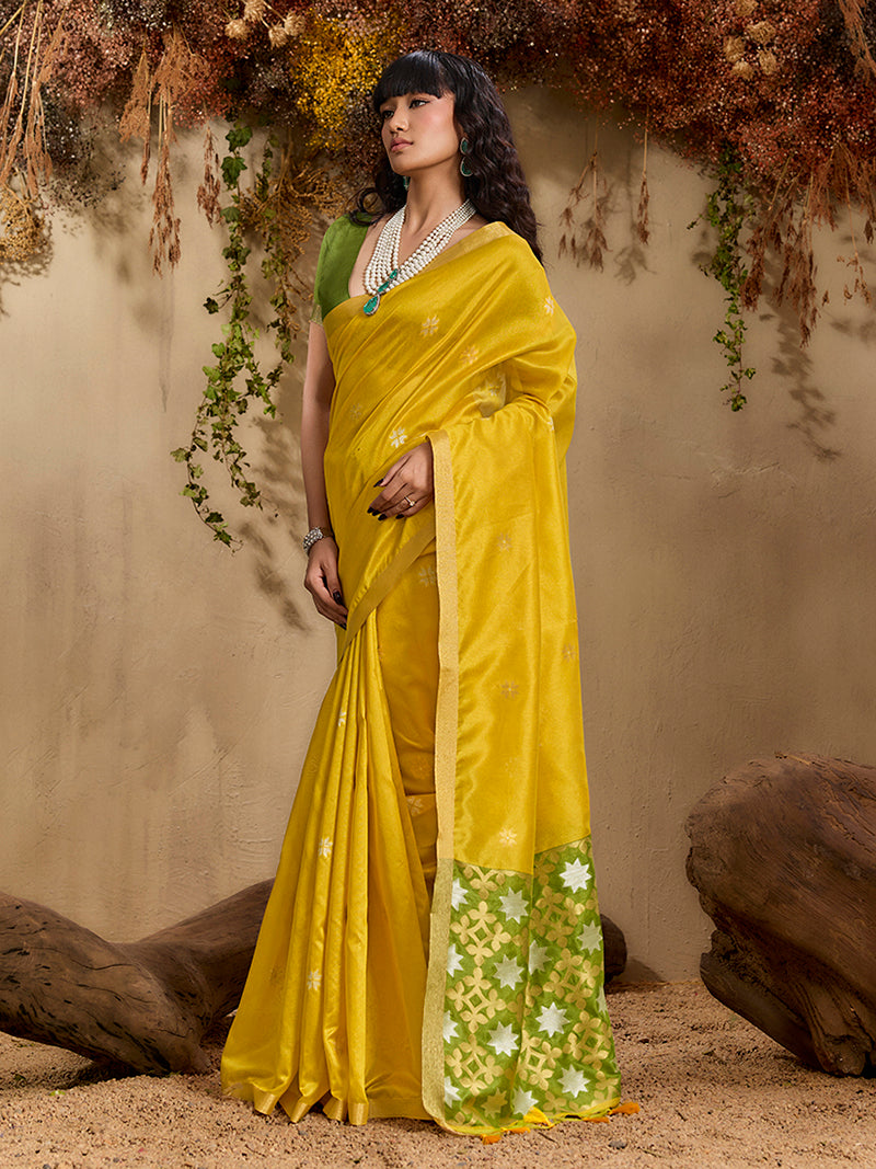 Tussar Silk Blend woven Work Saree in Mustard - Monjolika Fashion