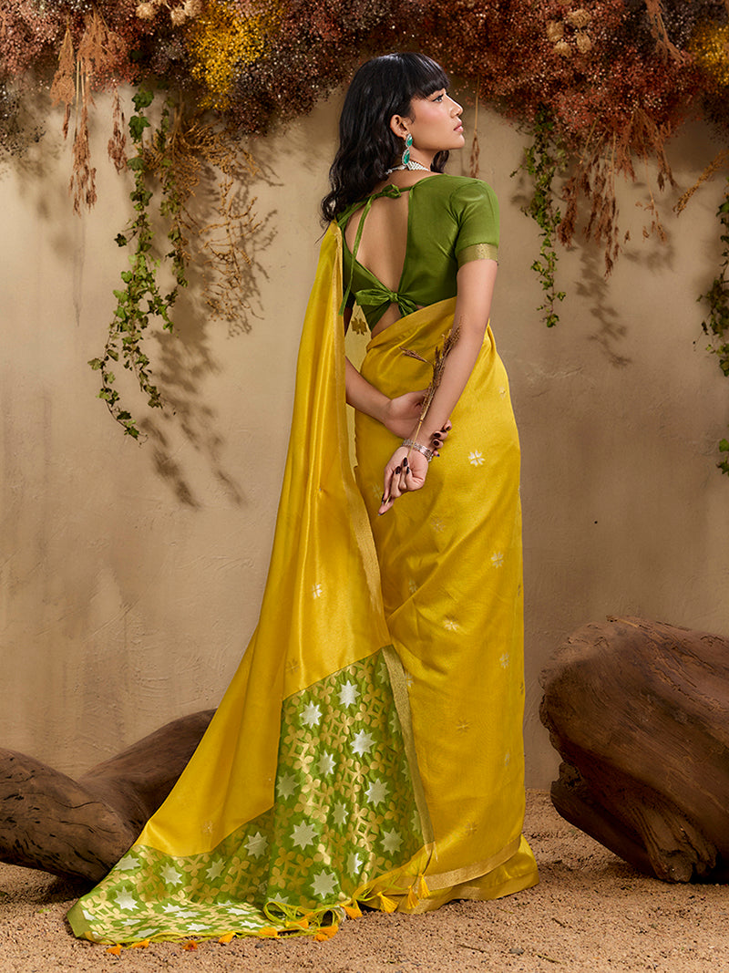 Tussar Silk Blend woven Work Saree in Mustard - Monjolika Fashion