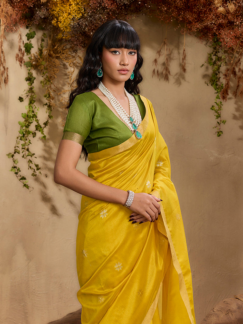 Tussar Silk Blend woven Work Saree in Mustard - Monjolika Fashion