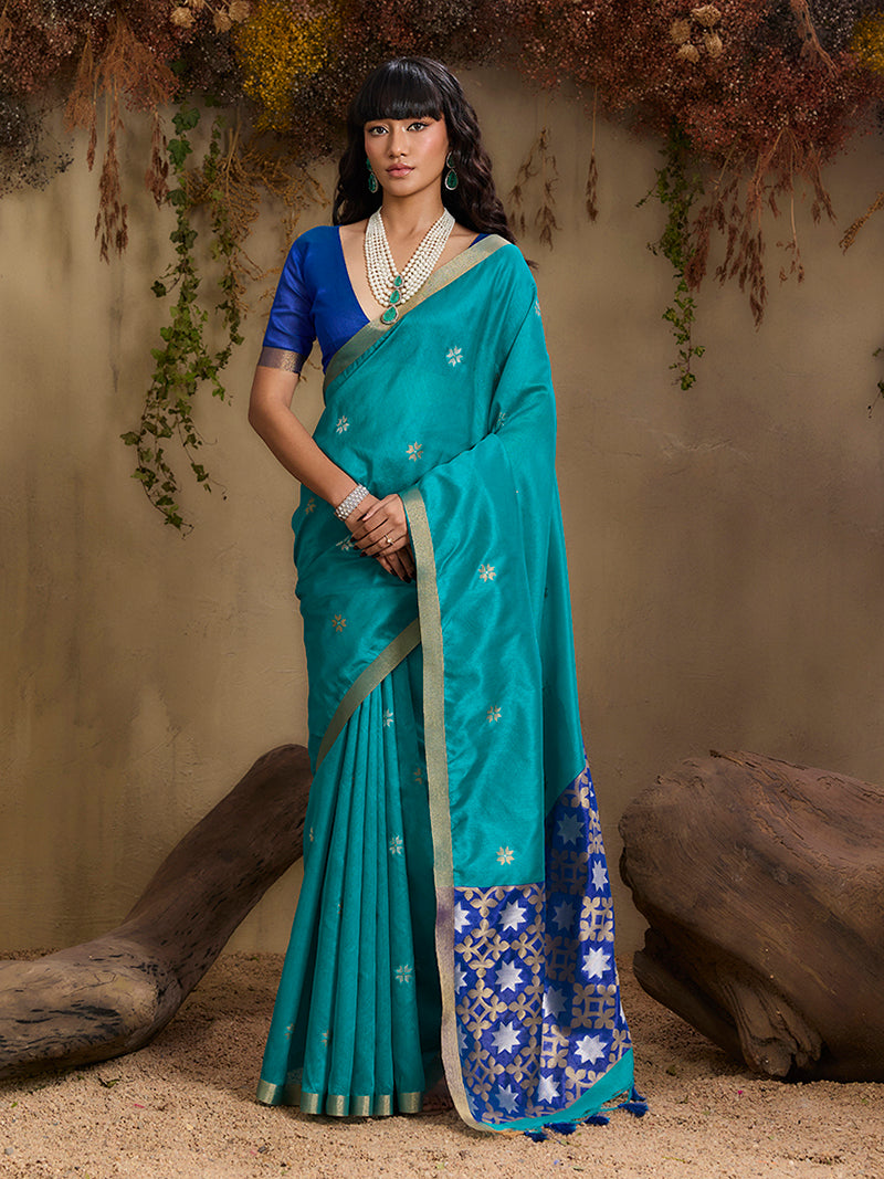 Tussar Silk Blend woven Work Saree in Aqua Blue - Monjolika Fashion