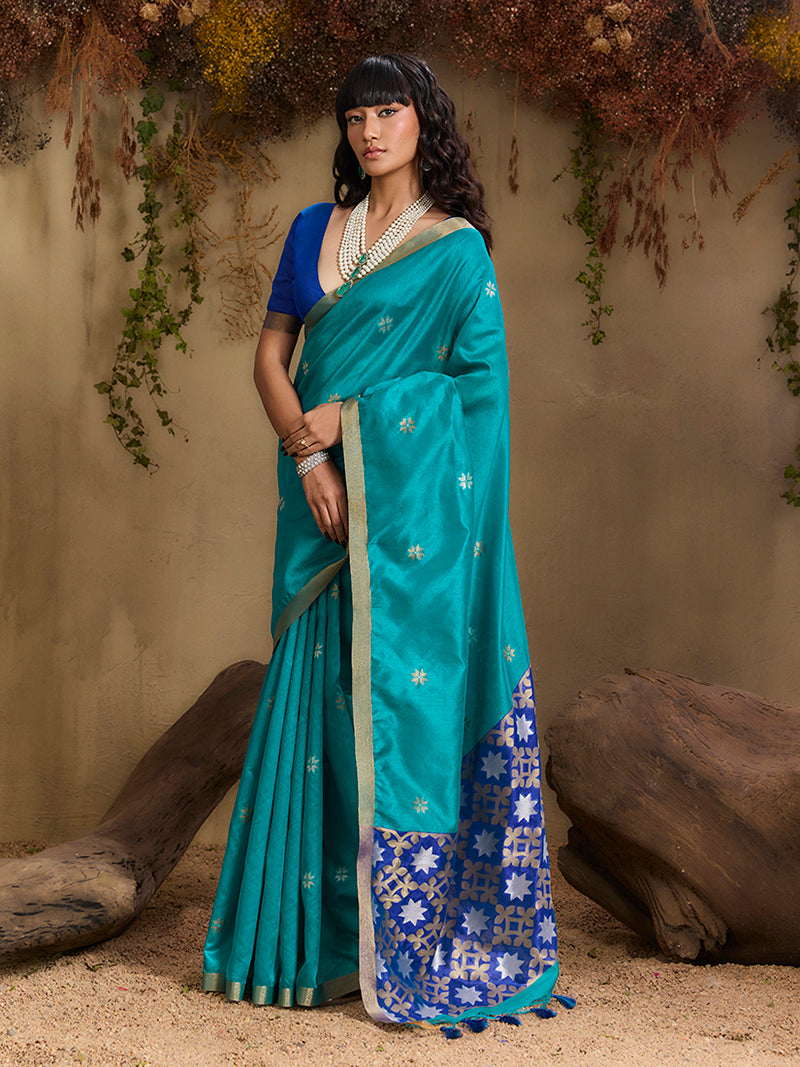 Tussar Silk Blend woven Work Saree in Aqua Blue - Monjolika Fashion