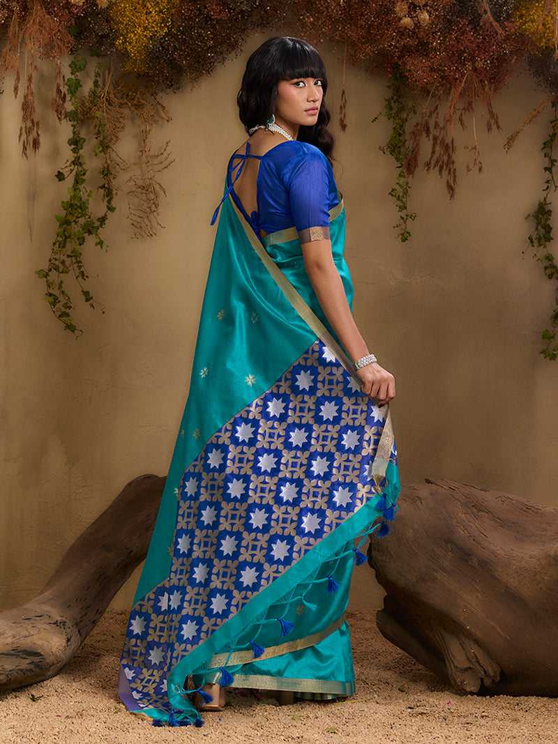 Tussar Silk Blend woven Work Saree in Aqua Blue - Monjolika Fashion