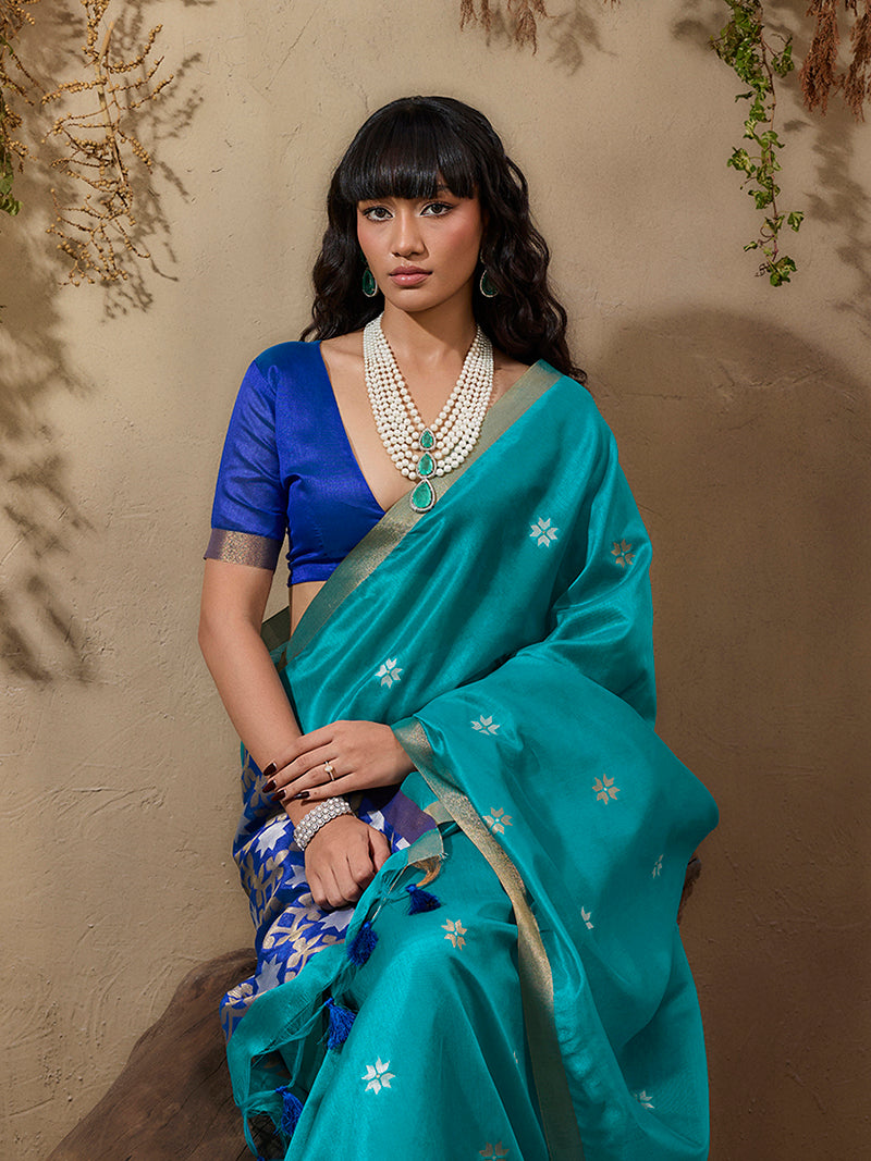 Tussar Silk Blend woven Work Saree in Aqua Blue - Monjolika Fashion