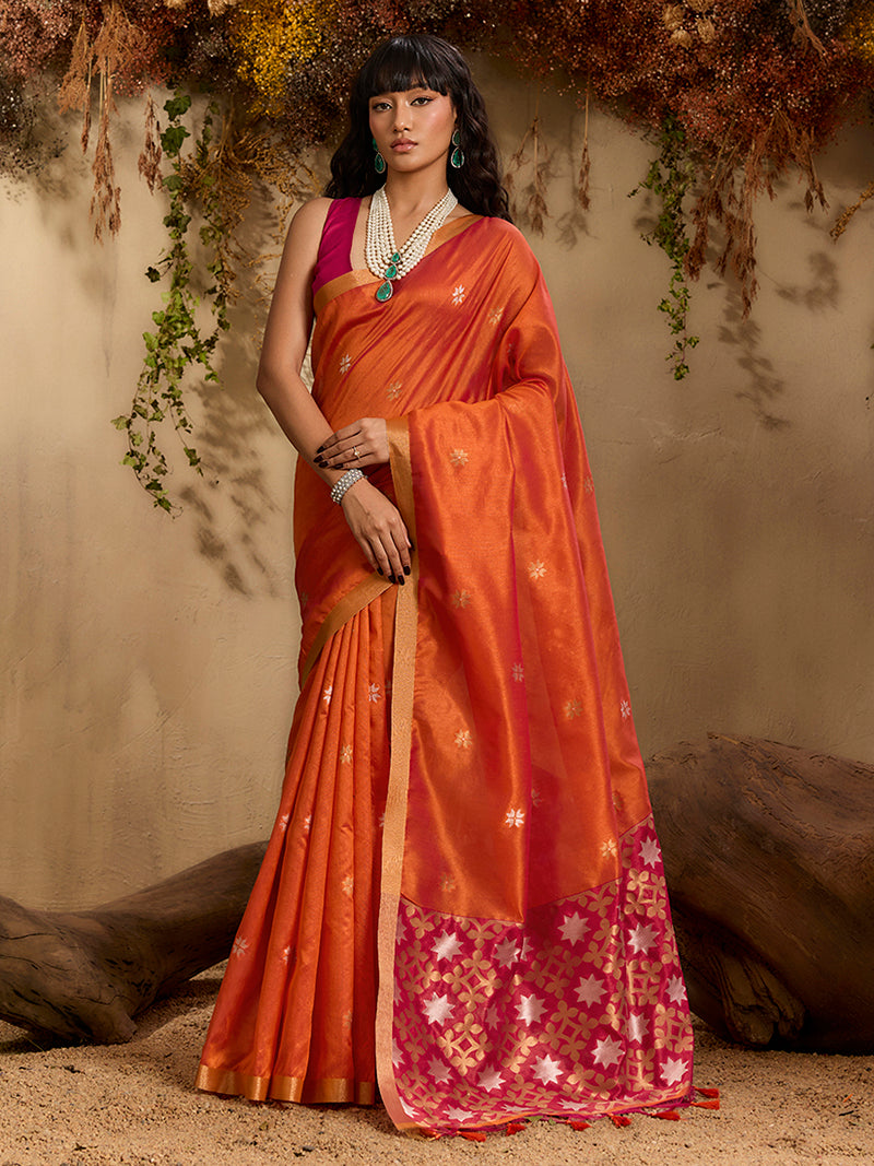 Tussar Silk Blend woven Work Saree in Orange - Monjolika Fashion