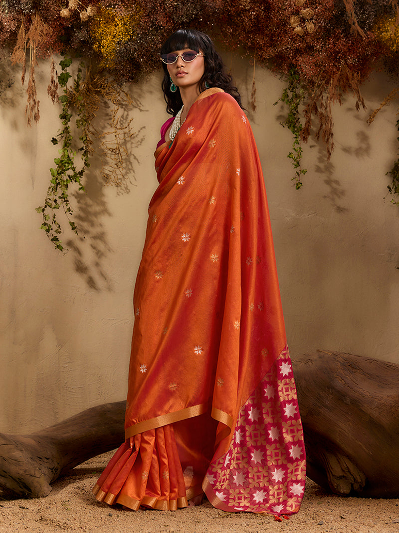 Tussar Silk Blend woven Work Saree in Orange - Monjolika Fashion