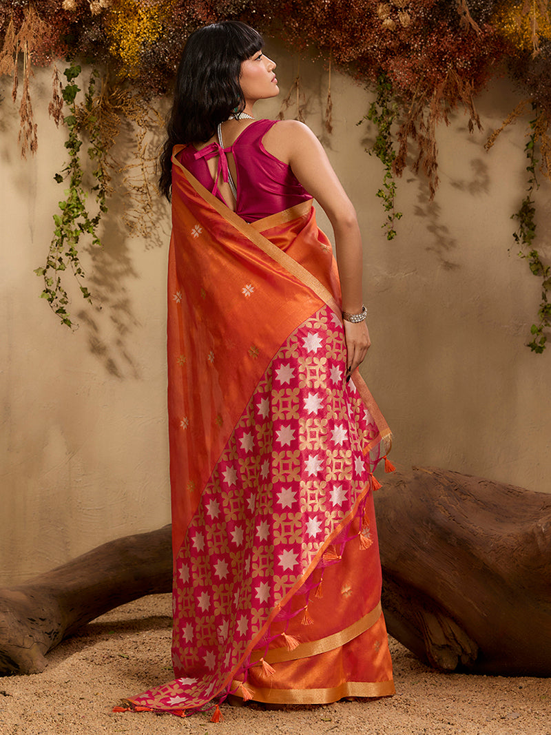 Tussar Silk Blend woven Work Saree in Orange - Monjolika Fashion