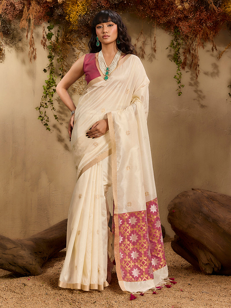 Tussar Silk Blend woven Work Saree in Off White - Monjolika Fashion
