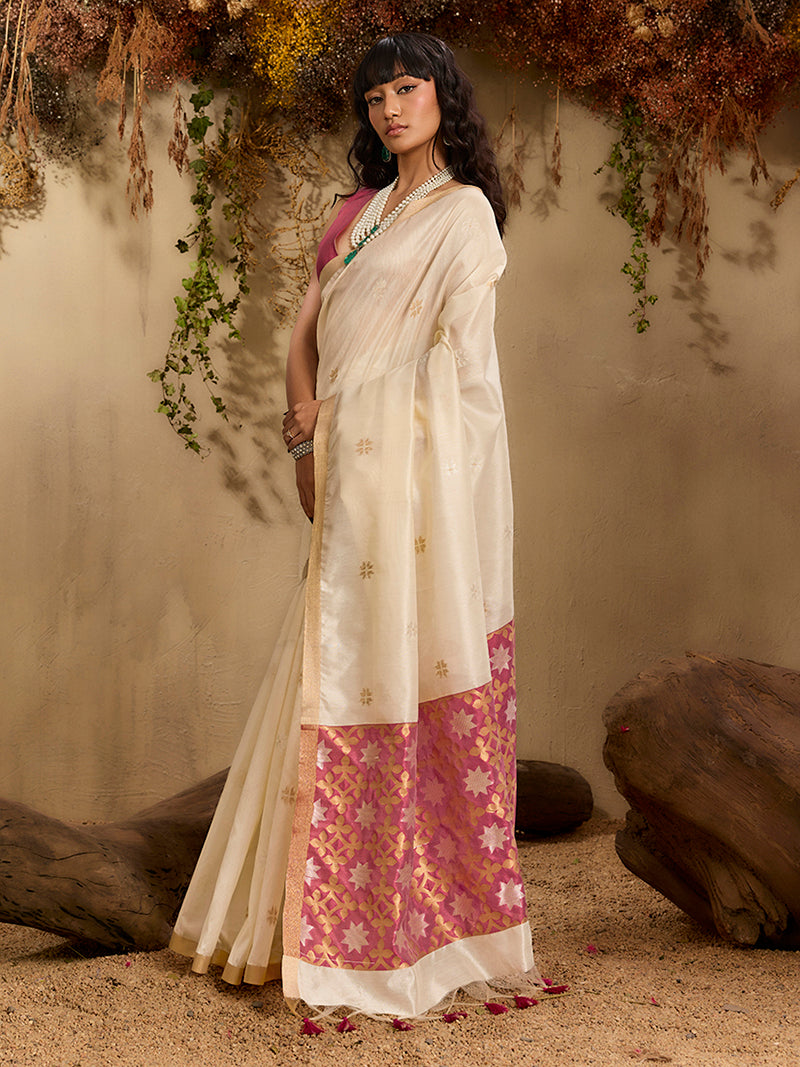 Tussar Silk Blend woven Work Saree in Off White - Monjolika Fashion