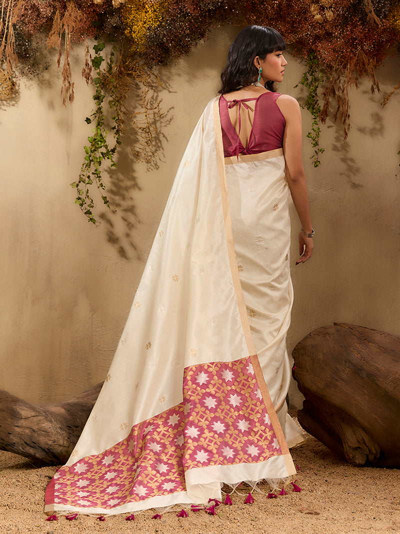 Tussar Silk Blend woven Work Saree in Off White - Monjolika Fashion