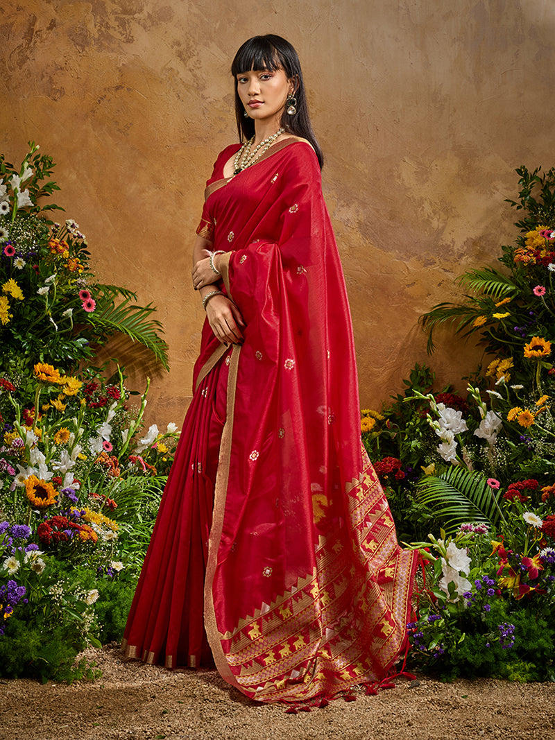 Red Tussar Silk Blend woven Work Saree - Monjolika Fashion