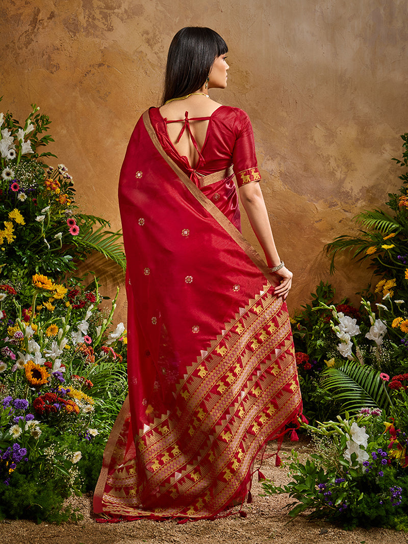 Red Tussar Silk Blend woven Work Saree - Monjolika Fashion