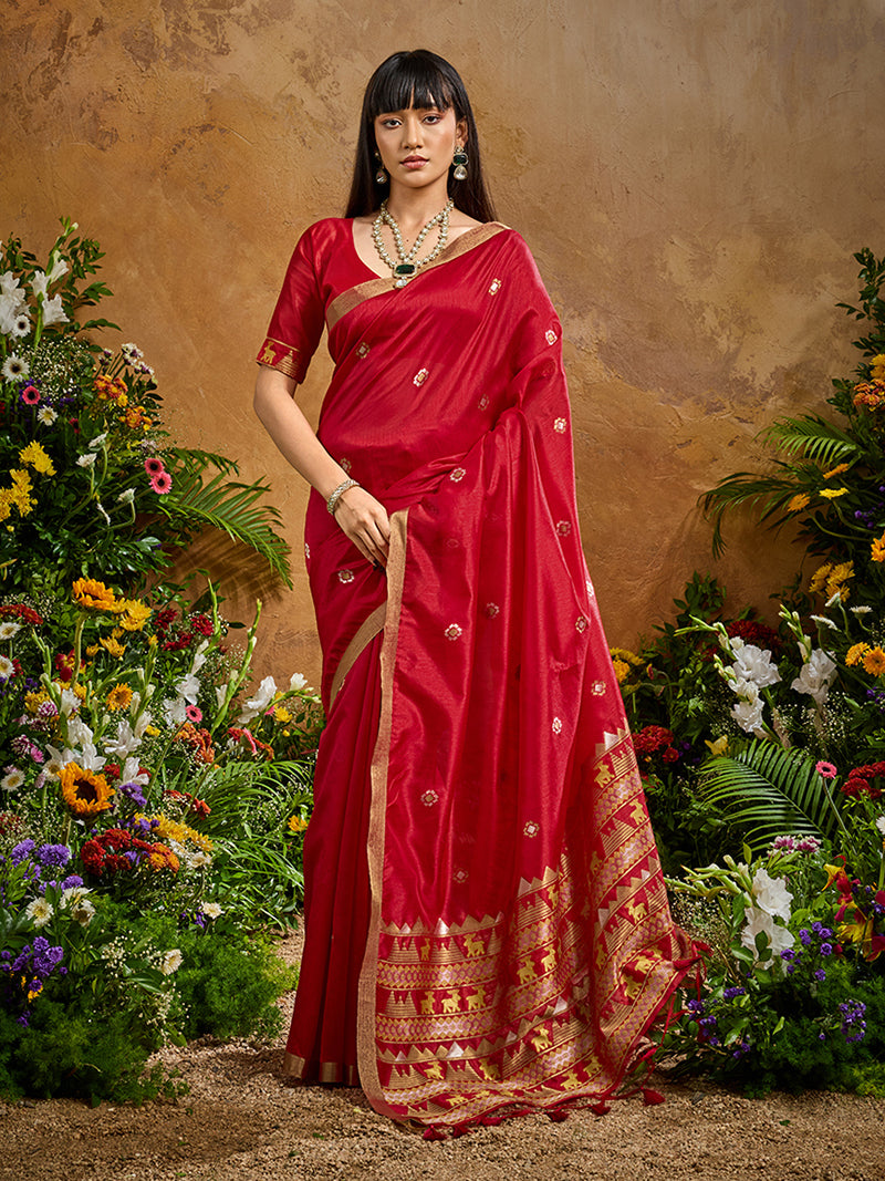 Red Tussar Silk Blend woven Work Saree - Monjolika Fashion