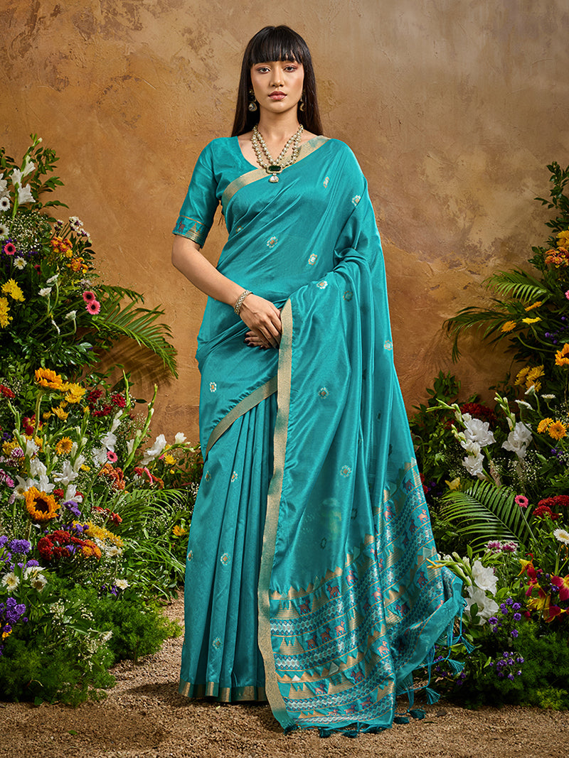 Aqua Blue Tussar Silk Blend woven Work Saree - Monjolika Fashion