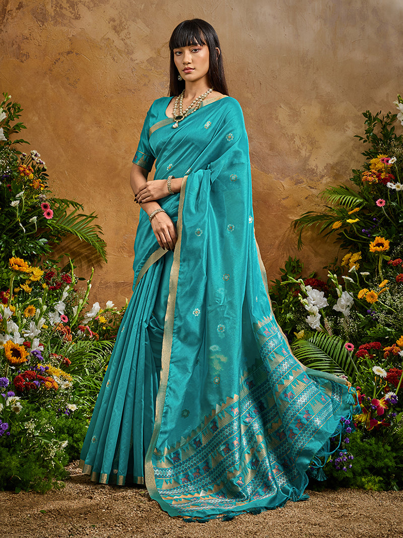 Aqua Blue Tussar Silk Blend woven Work Saree - Monjolika Fashion