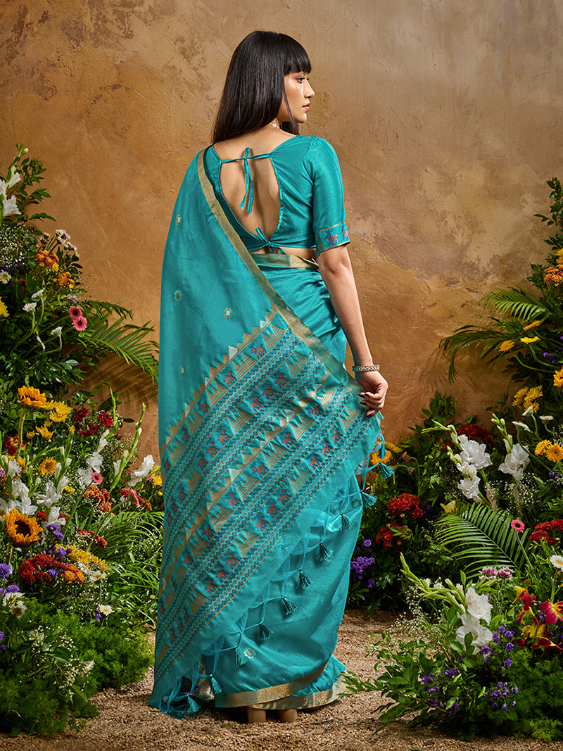 Aqua Blue Tussar Silk Blend woven Work Saree - Monjolika Fashion