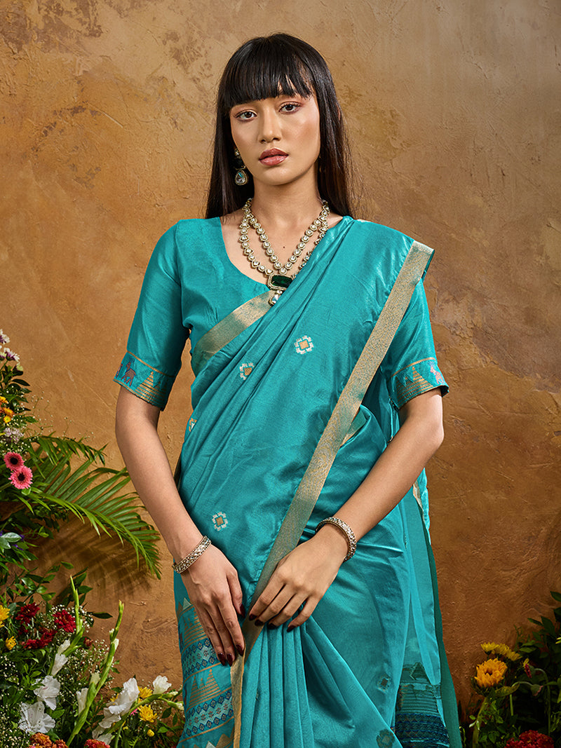 Aqua Blue Tussar Silk Blend woven Work Saree - Monjolika Fashion