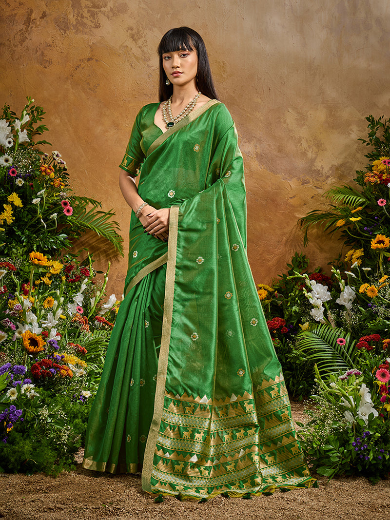 Green Tussar Silk Blend woven Work Saree - Monjolika Fashion