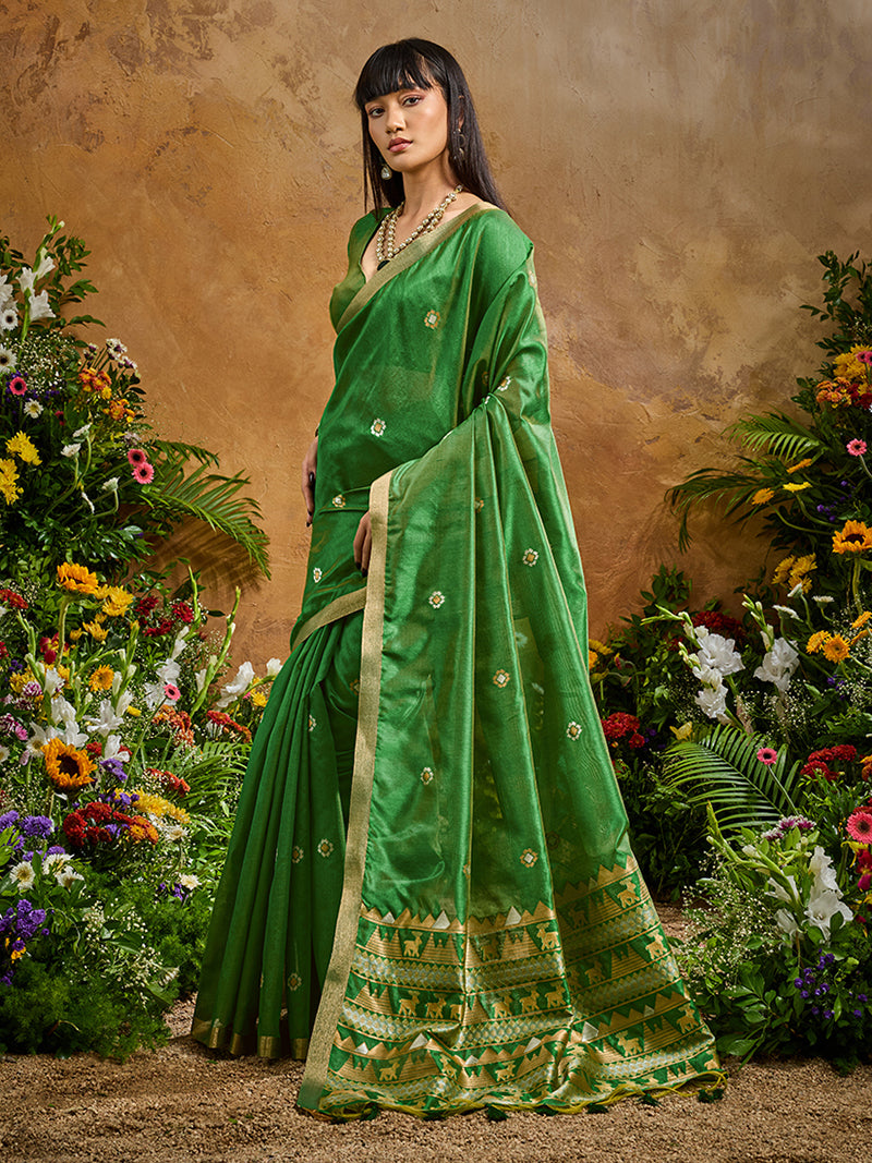 Green Tussar Silk Blend woven Work Saree - Monjolika Fashion