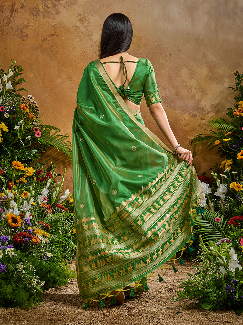 Green Tussar Silk Blend woven Work Saree - Monjolika Fashion