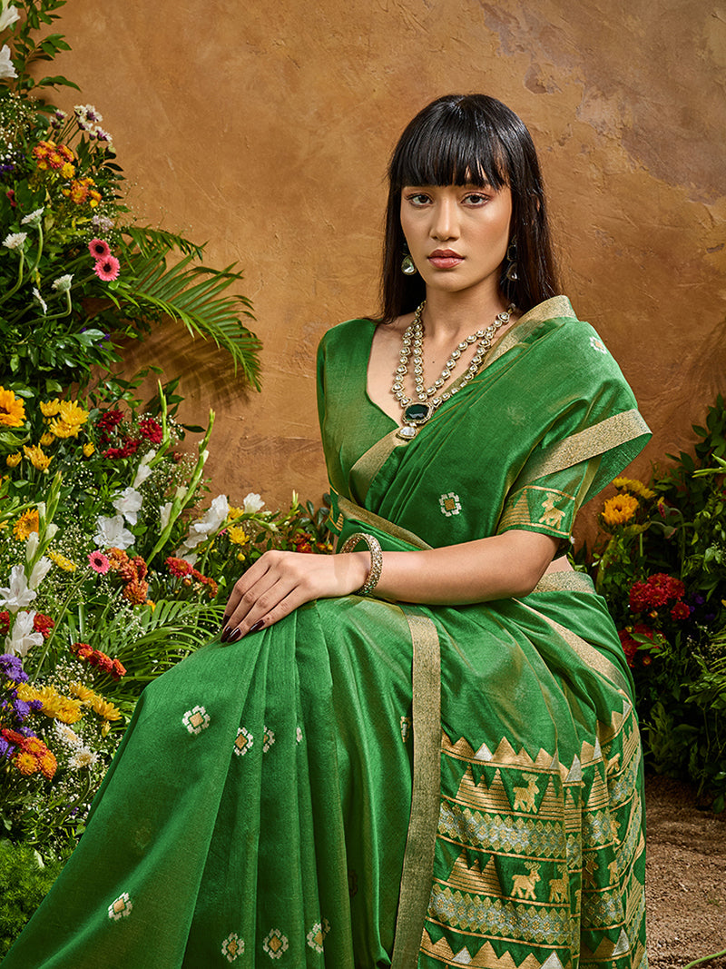 Green Tussar Silk Blend woven Work Saree - Monjolika Fashion