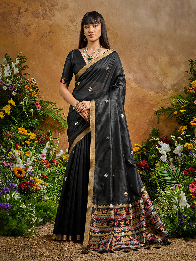 Black Tussar Silk Blend woven Work Saree - Monjolika Fashion