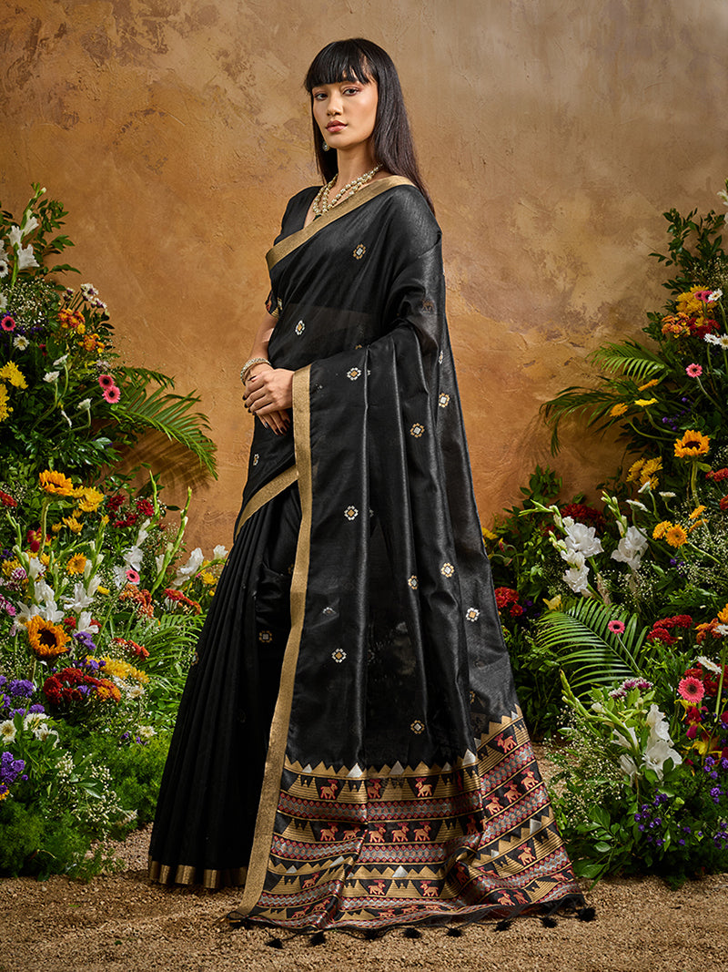 Black Tussar Silk Blend woven Work Saree - Monjolika Fashion