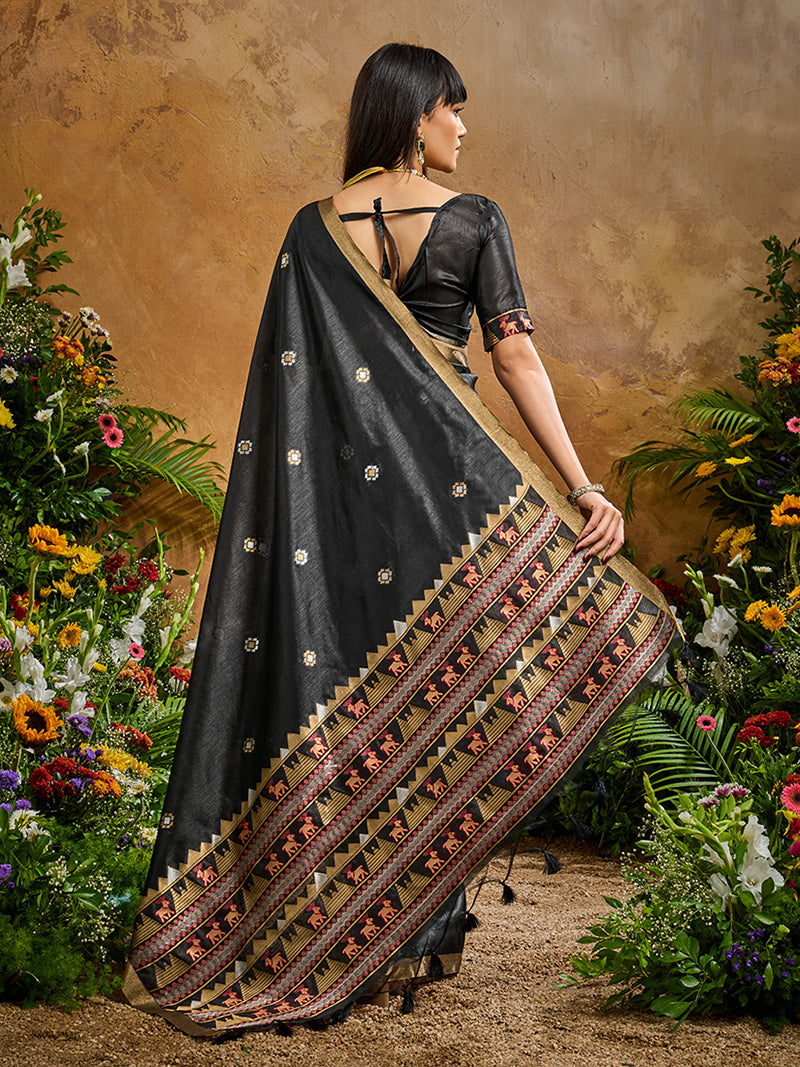 Black Tussar Silk Blend woven Work Saree - Monjolika Fashion