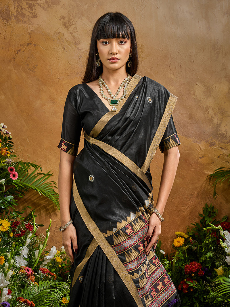 Black Tussar Silk Blend woven Work Saree - Monjolika Fashion