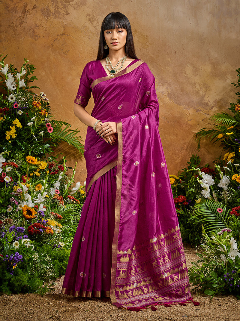 Dark Magenta Tussar Silk Blend woven Work Saree - Monjolika Fashion