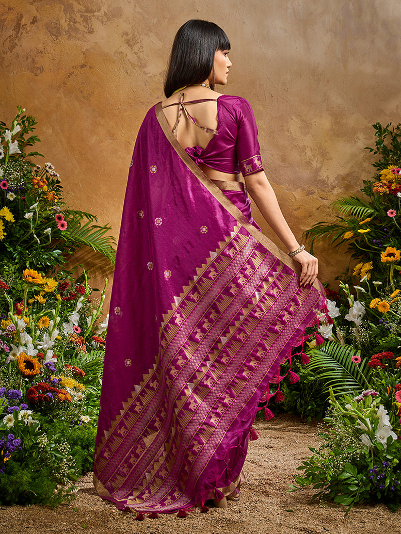 Dark Magenta Tussar Silk Blend woven Work Saree - Monjolika Fashion