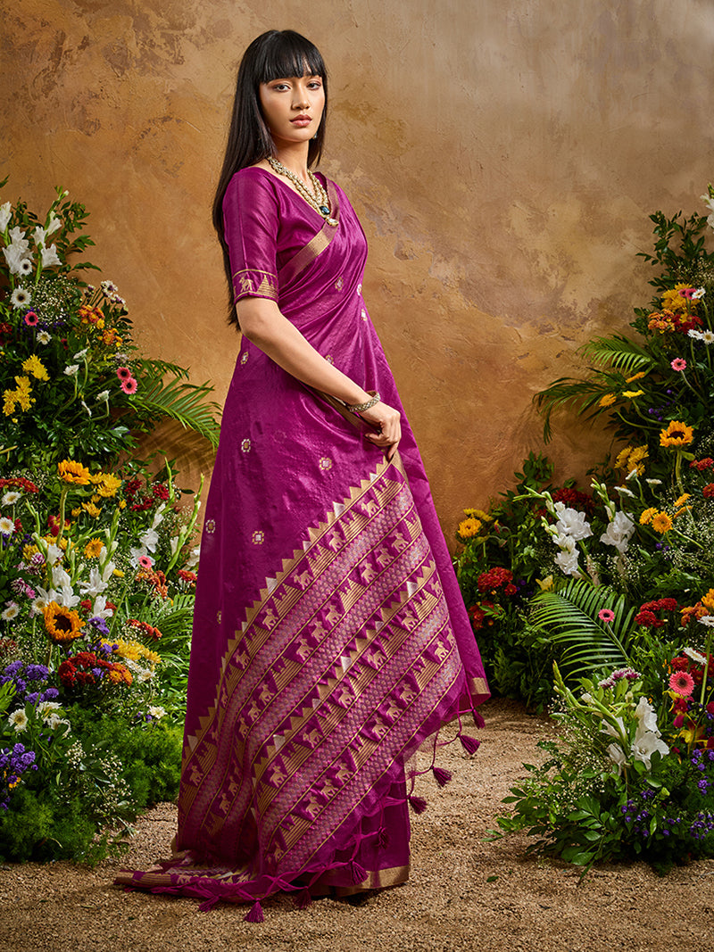 Dark Magenta Tussar Silk Blend woven Work Saree - Monjolika Fashion
