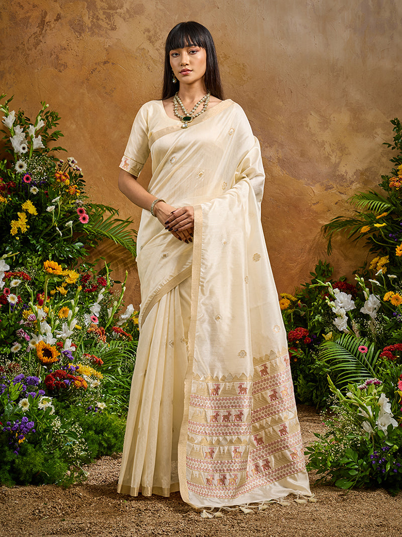 Off White Tussar Silk Blend woven Work Saree - Monjolika Fashion