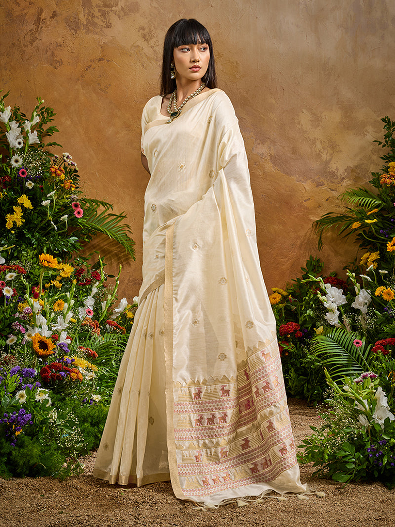 Off White Tussar Silk Blend woven Work Saree - Monjolika Fashion