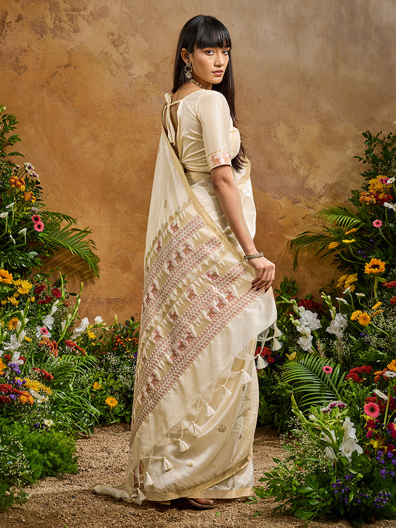 Off White Tussar Silk Blend woven Work Saree - Monjolika Fashion