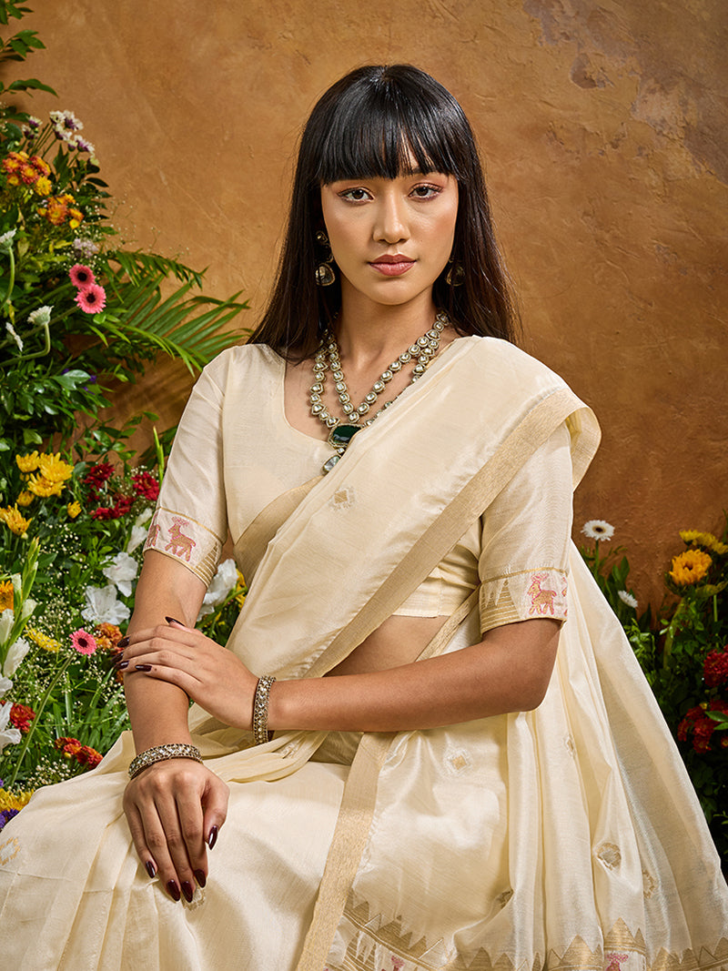 Off White Tussar Silk Blend woven Work Saree - Monjolika Fashion