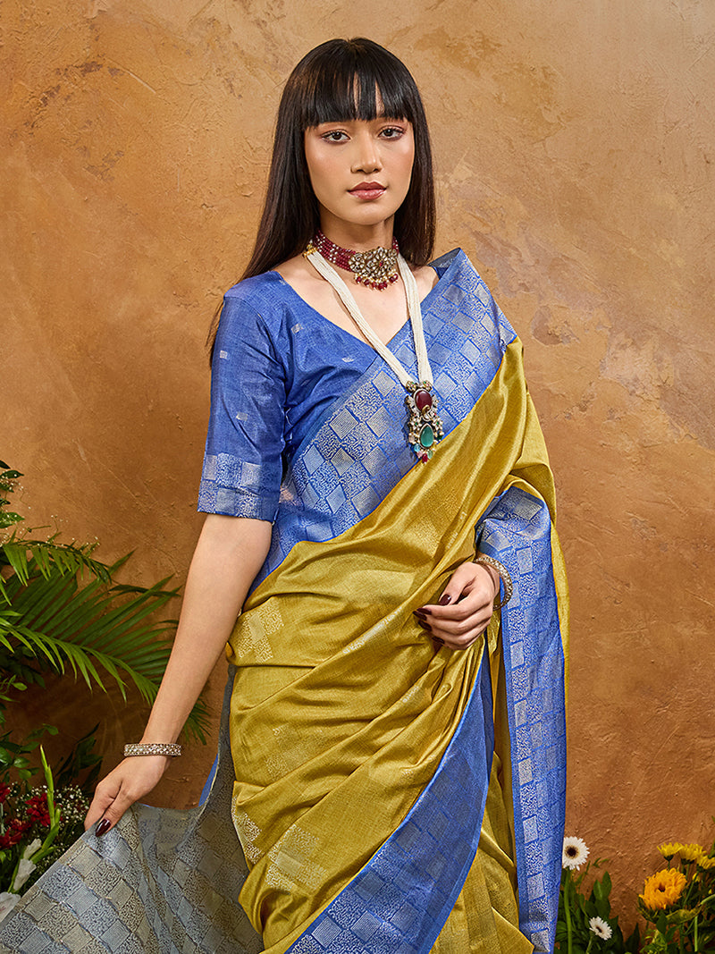 Woven Work Silk Blend Mustard Saree - Monjolika Fashion