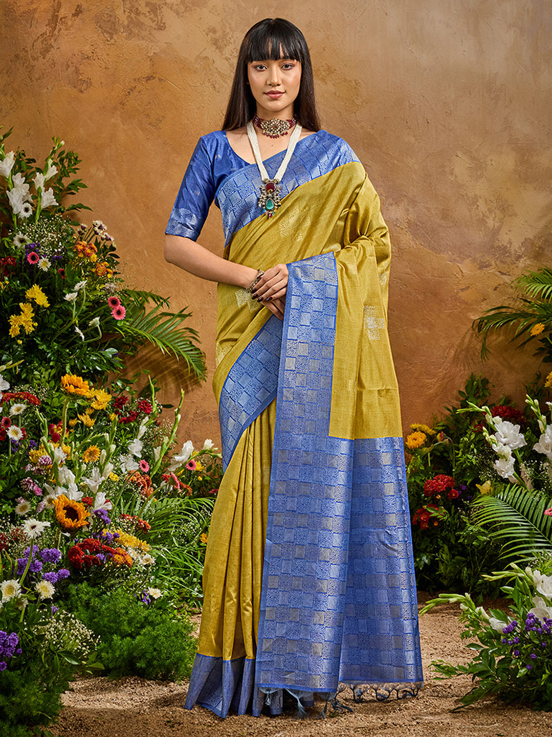 Woven Work Silk Blend Mustard Saree - Monjolika Fashion