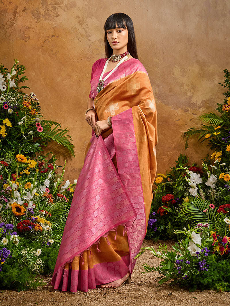 Woven Work Silk Blend Rust Saree - Monjolika Fashion