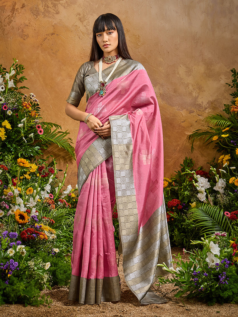 Woven Work Silk Blend Pink Saree - Monjolika Fashion