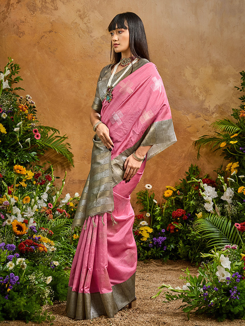 Woven Work Silk Blend Pink Saree - Monjolika Fashion